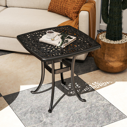 Outsunny Outdoor Garden Table with 38mm Dia. Umbrella Hole, Cast Aluminium Patio End Table with Anti-slip Foot Pads for Garden, Patio, Balcony, 54 x 52.5cm, Black