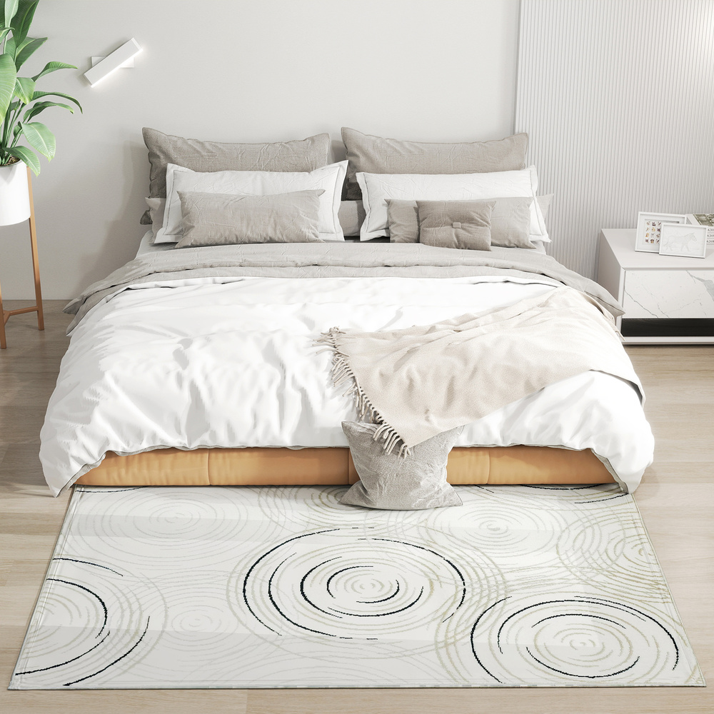 HOMCOM Modern Area Rug, Swirl Pattern Machine Washable Rug, Allergy-Friendly Floor Carpet for Living Room, Bedroom, Dining Room, Home Office, 170 x 120 cm, Cream White