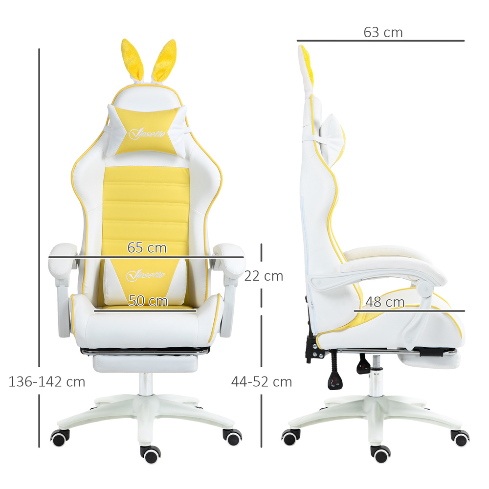 Vinsetto Reclining Racing Gaming Chair with Headrest and Lumber Support, PU Leather Computer Chair with Removable Rabbit Ears, Footrest, Yellow