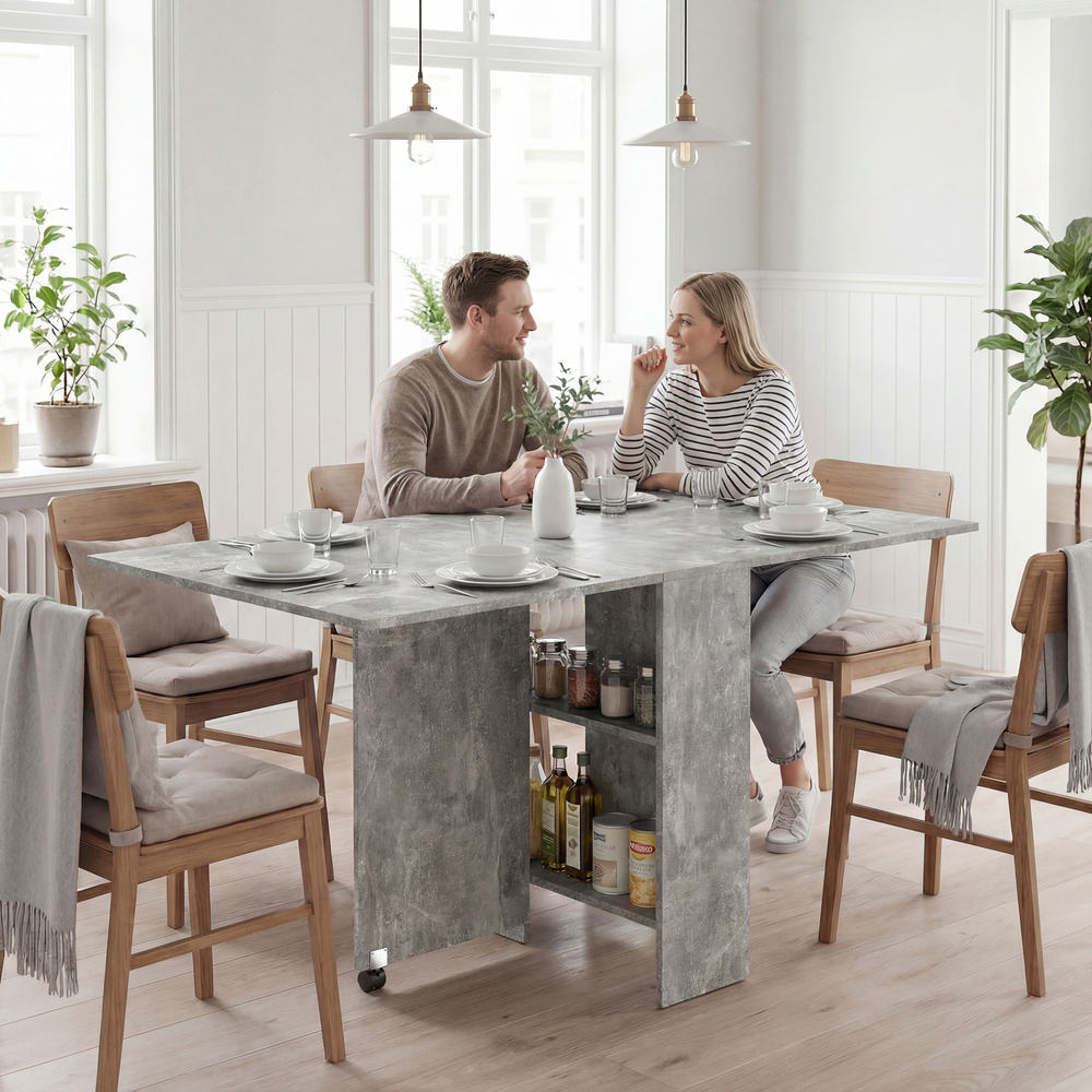 HOMCOM 80-140 cm Folding Dining Table for 4-6 People, Drop Leaf Table with 2-Tier Shelves, Rolling Casters, for Small Spaces, Kitchen, Flat, Dining Room, Cement Grey