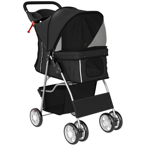 PawHut Dog Pram, Pet Stroller with Reflective Strips, Foldable Cat Stroller with 360° Swivel Wheels, Black