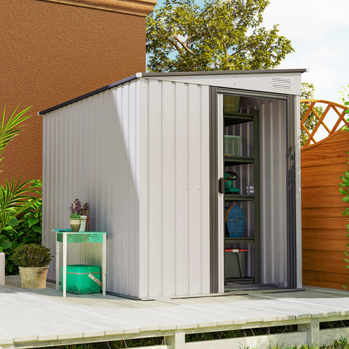 Outsunny 7 x 5ft Galvanised Metal Shed, with Sliding Door, two hooks and adjustable shelves - White