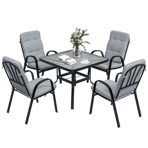Outsunny 5 Pieces Outdoor Square Garden Dining Set w/ Tempered Glass Dining Table 4 Cushioned Armchairs, Umbrella Hole, Grey