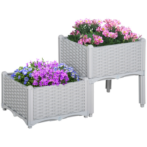 Outsunny Set of Two Rattan-Effect Planters - Grey