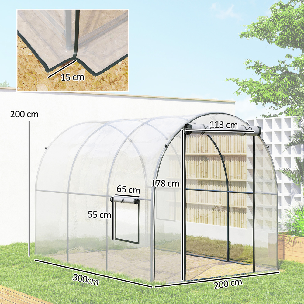 Outsunny Polytunnel Greenhouse Walk-in Grow House with Plasric Cover, Door, Mesh Window and Steel Frame, 3 x 2 x 2m, Clear