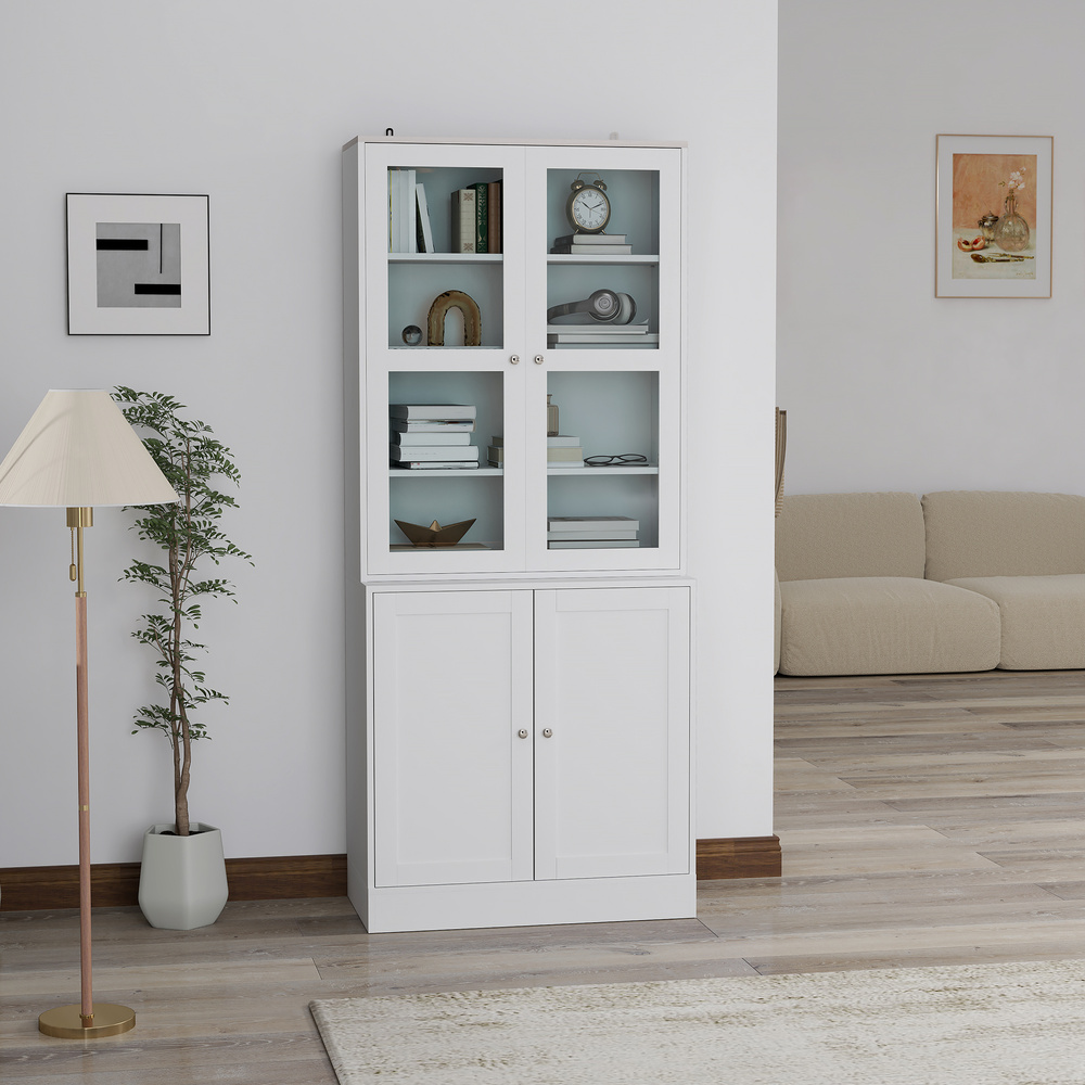 HOMCOM Double Storage Display Cabinet with Adjustable Shelves, MDF - White