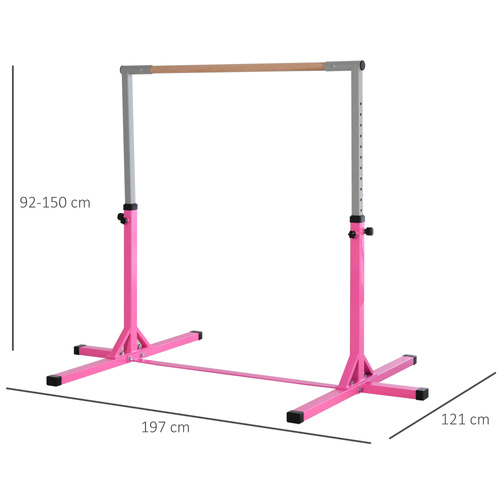 HOMCOM Height Adjustable Gymnastics Horizontal Bar for Kids, Children Junior Kip High Bar Fitness, Pink