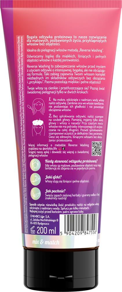 OnlyBio Reverse Washing Bogata Odżywka Proteinowa dla Włosów Matowych i Pozbawionych Objętości 200ml