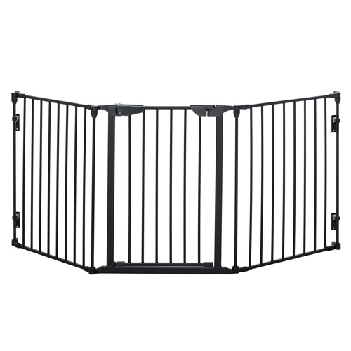PawHut Pet Safety Gate, 3 Panels Playpen Fireplace, Foldable Metal Fence, Stair Barrier, Room Divider, Fire Guard w/ Automatic Closing Door, Black