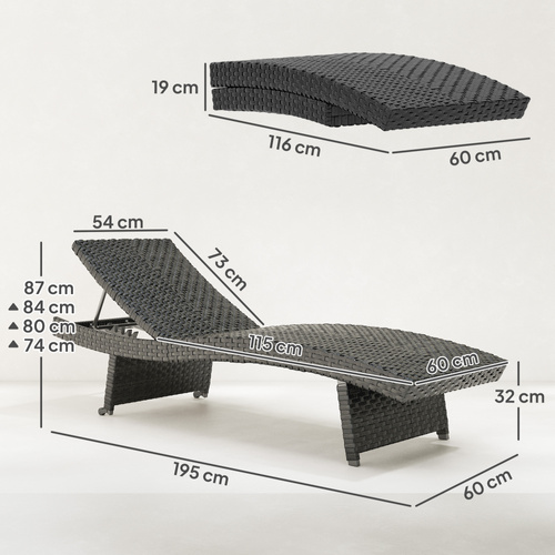 Outsunny Outdoor PE Rattan Sun Lounger, Folding Wicker Garden Lounger Recliner with 4-Level Adjustable Backrest, Rolling Sunbed Lounge Chair with Wheels, Non-Slip Legs for Balcony, Beach, Black