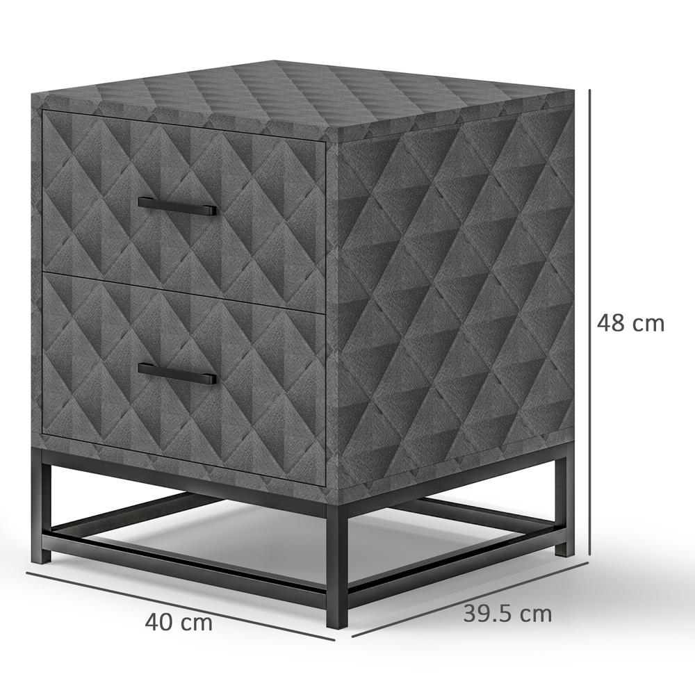 HOMCOM Bedside Tables Set of 2, Modern Bedside Table Nightstand with 2 Drawers, Bedside Cabinet Sofa Side Table with Storage, Steel Legs for Bedroom, Living Room, Grey