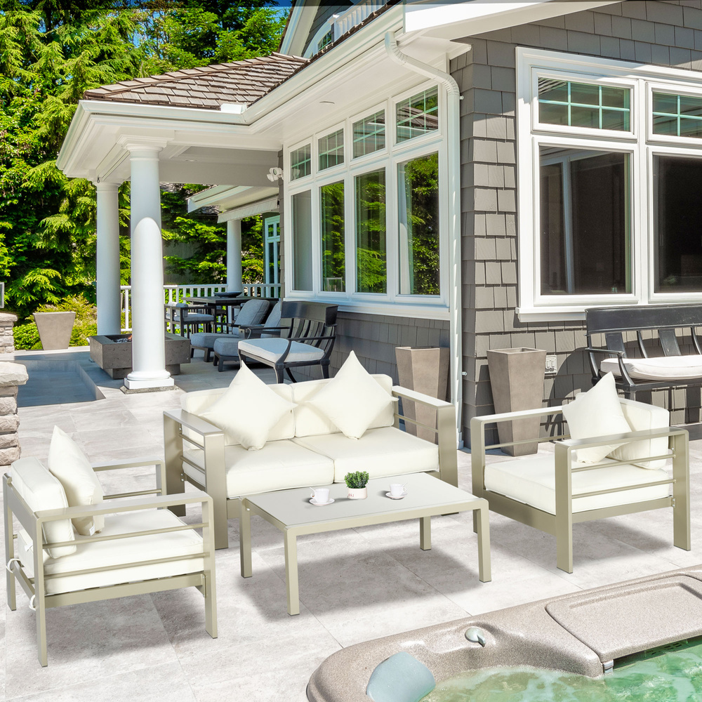 Outsunny 4 Pieces Outdoor Garden Furniture Set, Aluminium Frame Backyard Furniture w/ Thick Padded Cushioned Loveseat, 2 Chairs, and Glass Top Table, Champagne Gold
