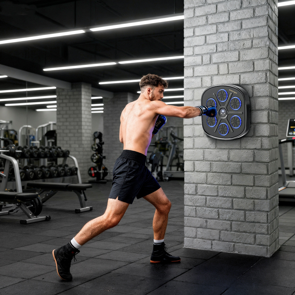 SPORTNOW Music Boxing Machine, Smart Bluetooth Boxing Machine Wall Mounted with 9 Speeds & Modes, LED Lights and Gloves, Punching Pad for Adults, Black