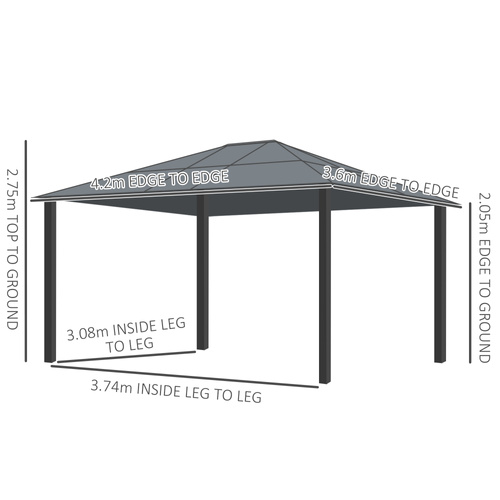 Outsunny 3.6 x 4m Hardtop Gazebo Canopy with Polycarbonate Roof and Aluminium Frame, Garden Pavilion with Mosquito Netting and Curtains