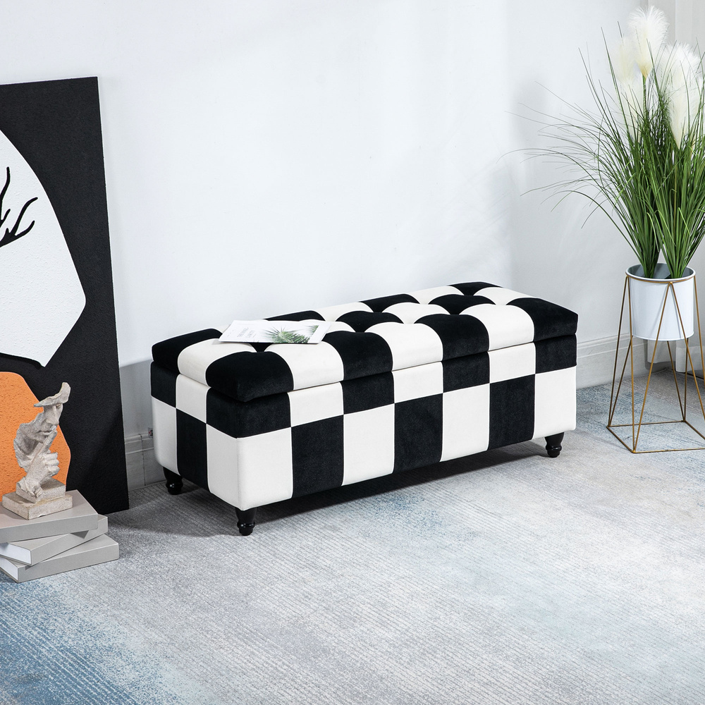 HOMCOM Storage Ottoman, Storage Bench with Wood Legs, Footstool, Footrest with Velvet Surface for Bedroom, Hallway, Living Room, 114 x 47 x 47 cm, White and Black