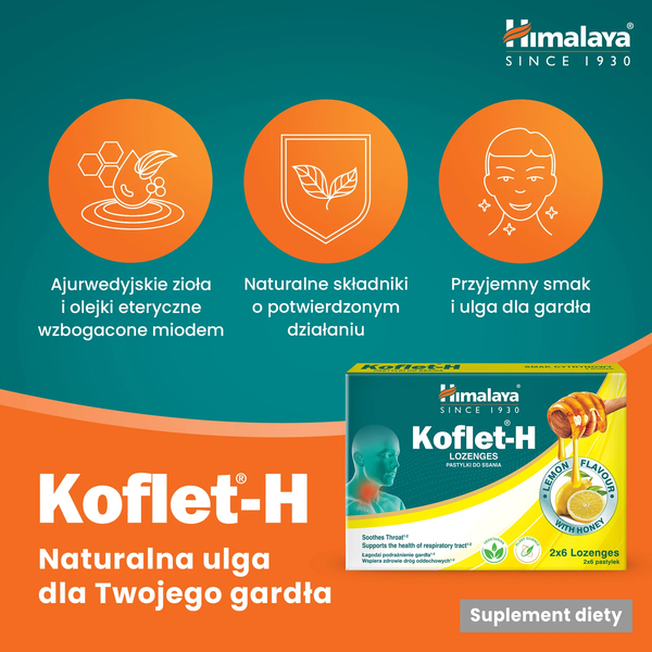Himalaya Koflet-H Cytryna Wspiera Zdrowie Dróg Oddechowych 12 Pastylek do Ssania