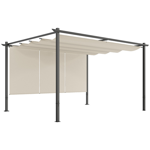 Outsunny 3 x 4m Metal Pergola with Retractable Roof and Roller Shade, Free Standing Gazebo Canopy Pergola Kit, UPF30+ Outdoor Sun Shelter, Beige