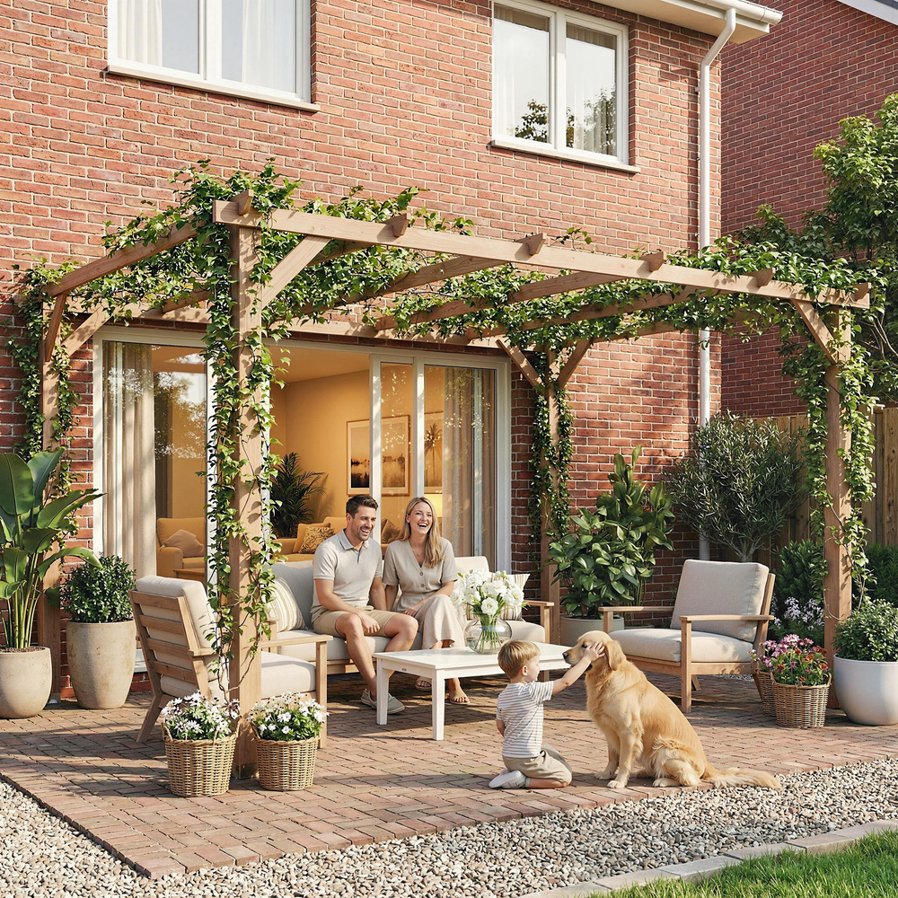 Outsunny 4 x 3 m Wooden Pergola Kit, Garden Pergola Gazebo Grape Trellis with Triangle Supports, 6 Beams, Maple Wood-effect