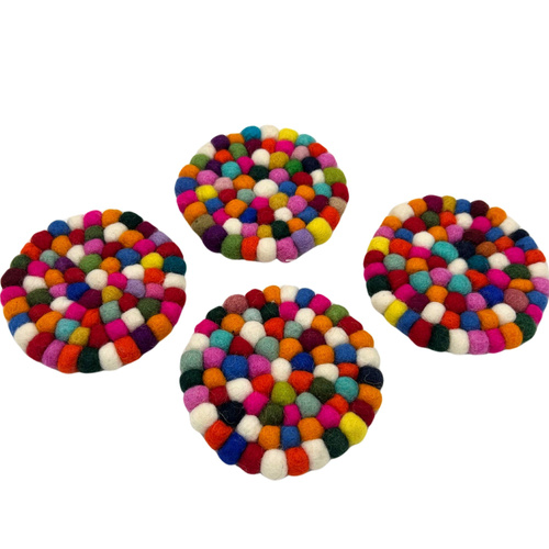 Felt Ball Round Coasters - Multi colour (set of 4)