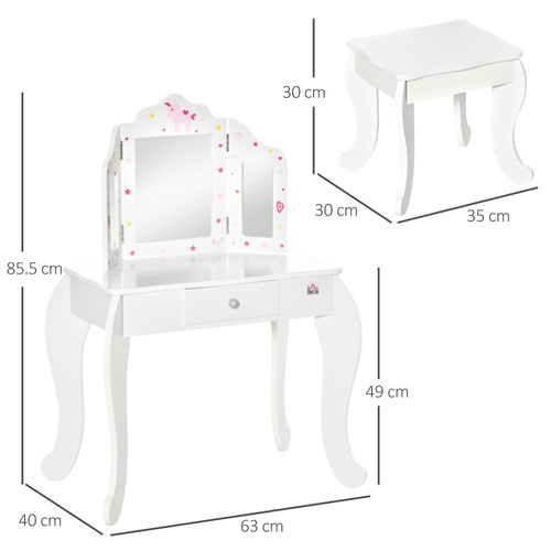 HOMCOM Kids Vanity Table and Chair Set with Tri-Folding Mirror and Stool, Makeup Dressing Table with Drawer, White