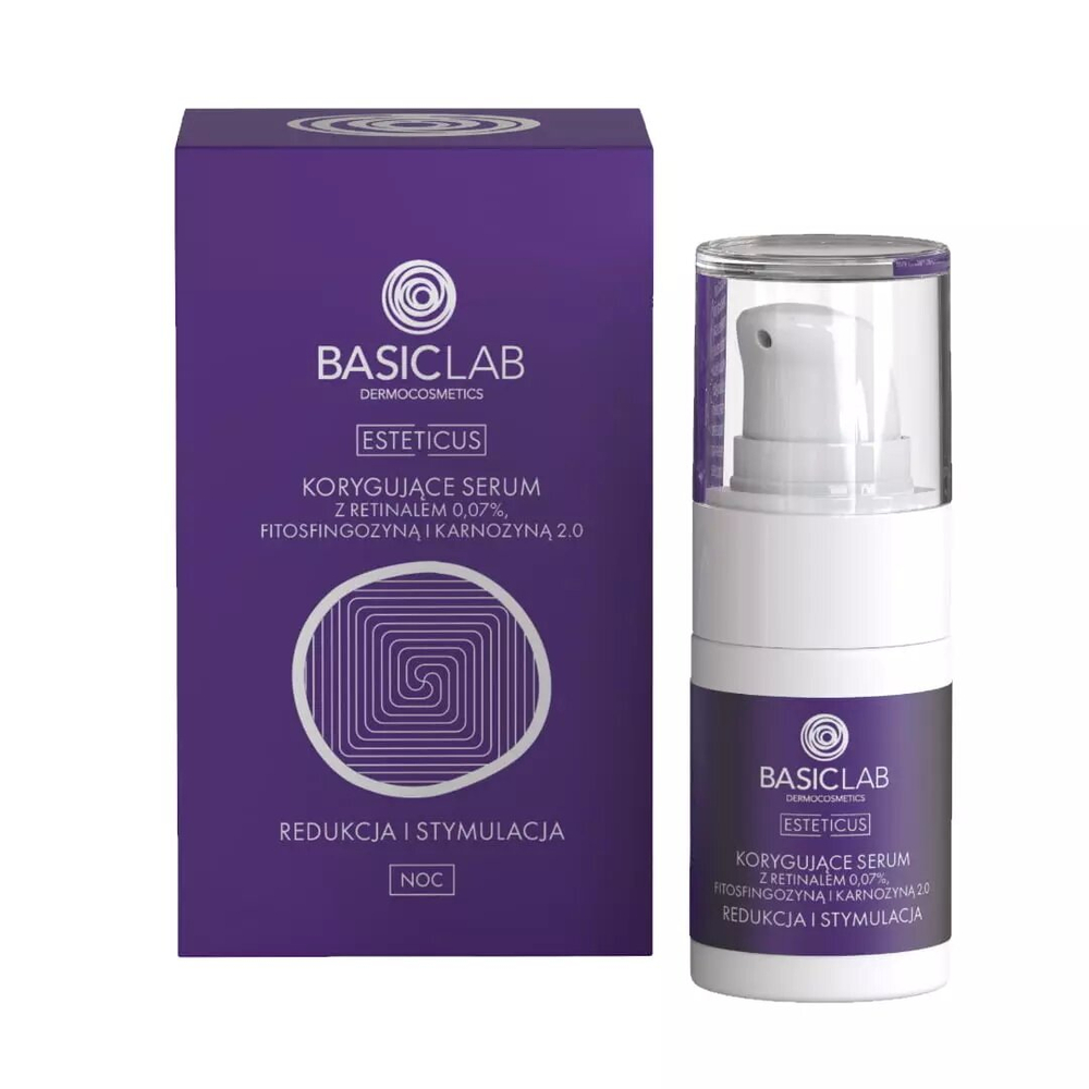 BasicLab Korygujące Serum z Retinalem 0,07% Fitosfingozyną i Karnozyną 2.0 Redukcja i Stymulacja dla Skóry Problematycznej na Noc 15ml Best Before 30.11.25