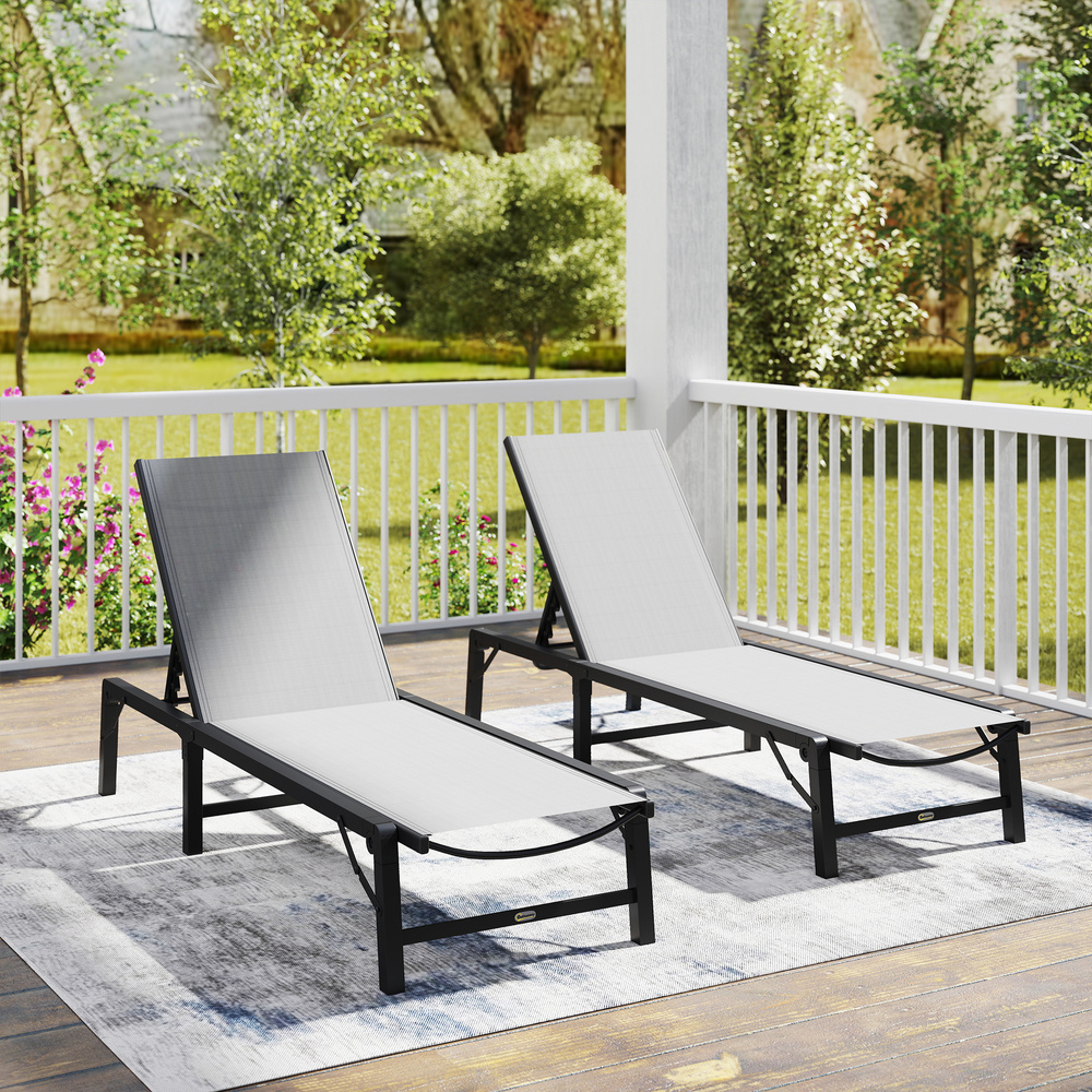 Outsunny Folding Sun Lounger Set of 2, 5-Position Adjustable Reclining Garden Loungers, Garden Chaise Lounge Sunbed Recliner Chairs with Steel Frame for Beach, Porch, Patio, Camping, Light Grey