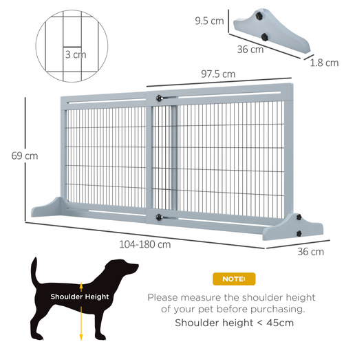 PawHut Freestanding Dog Gate, Foldable Pet Fence, Indoor Wood Barrier, Stair Gate with Support Feet, for Doorway, Hallway, Small and Medium Dogs, 69H x 104-180 cm, Blue-grey