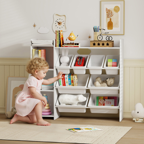 AIYAPLAY Toy Storage Unit with 8 Removable Bins, Storage Shelves, Cabinet, White