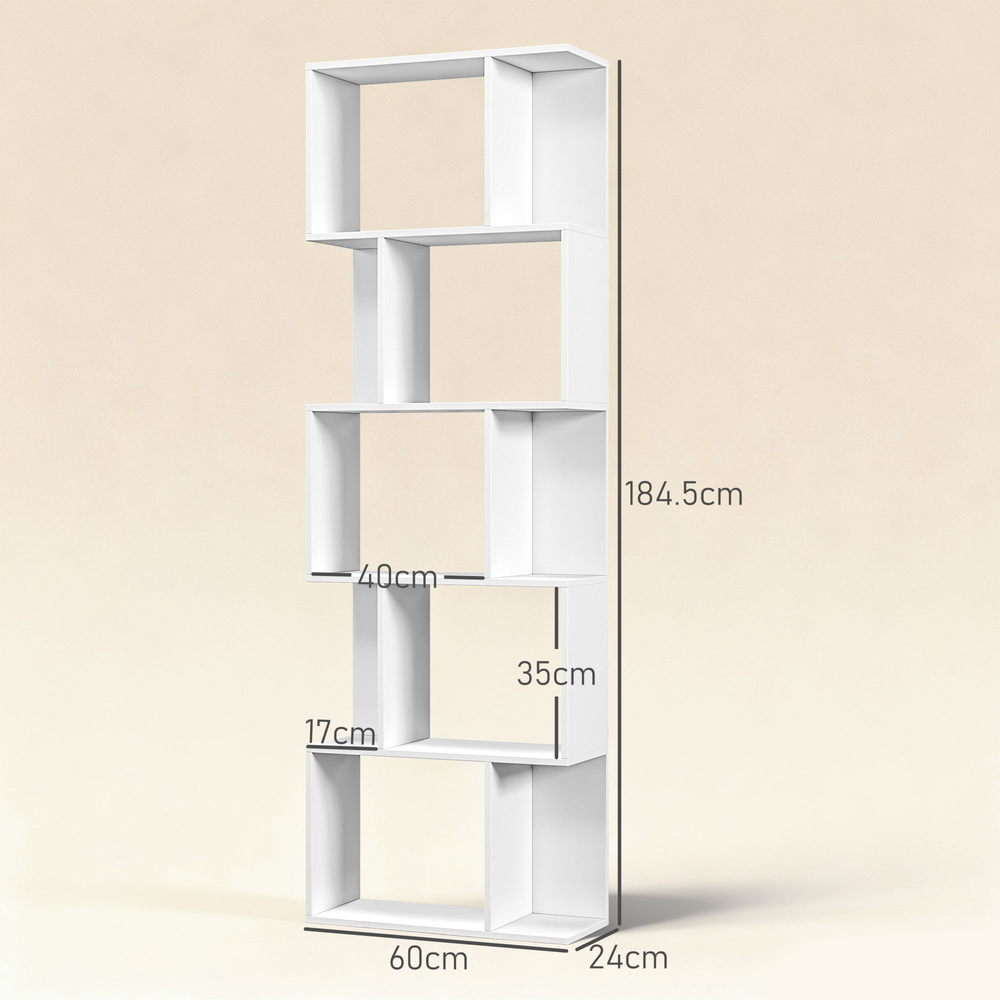 HOMCOM Bookcase, S-Shaped Wooden Bookshelf, 5 Tiers Freestanding Storage Shelf, Home Office Display Stand Rack, White