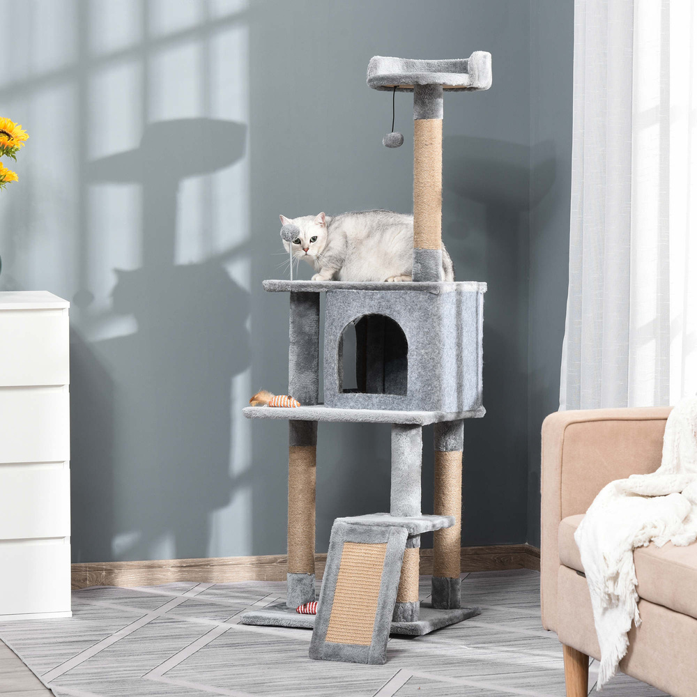 PawHut Cat Tree Tower 142cm Climbing Kitten Activity Center with Jute Scratching Post Board, Removable Felt Hanging Toy, Grey