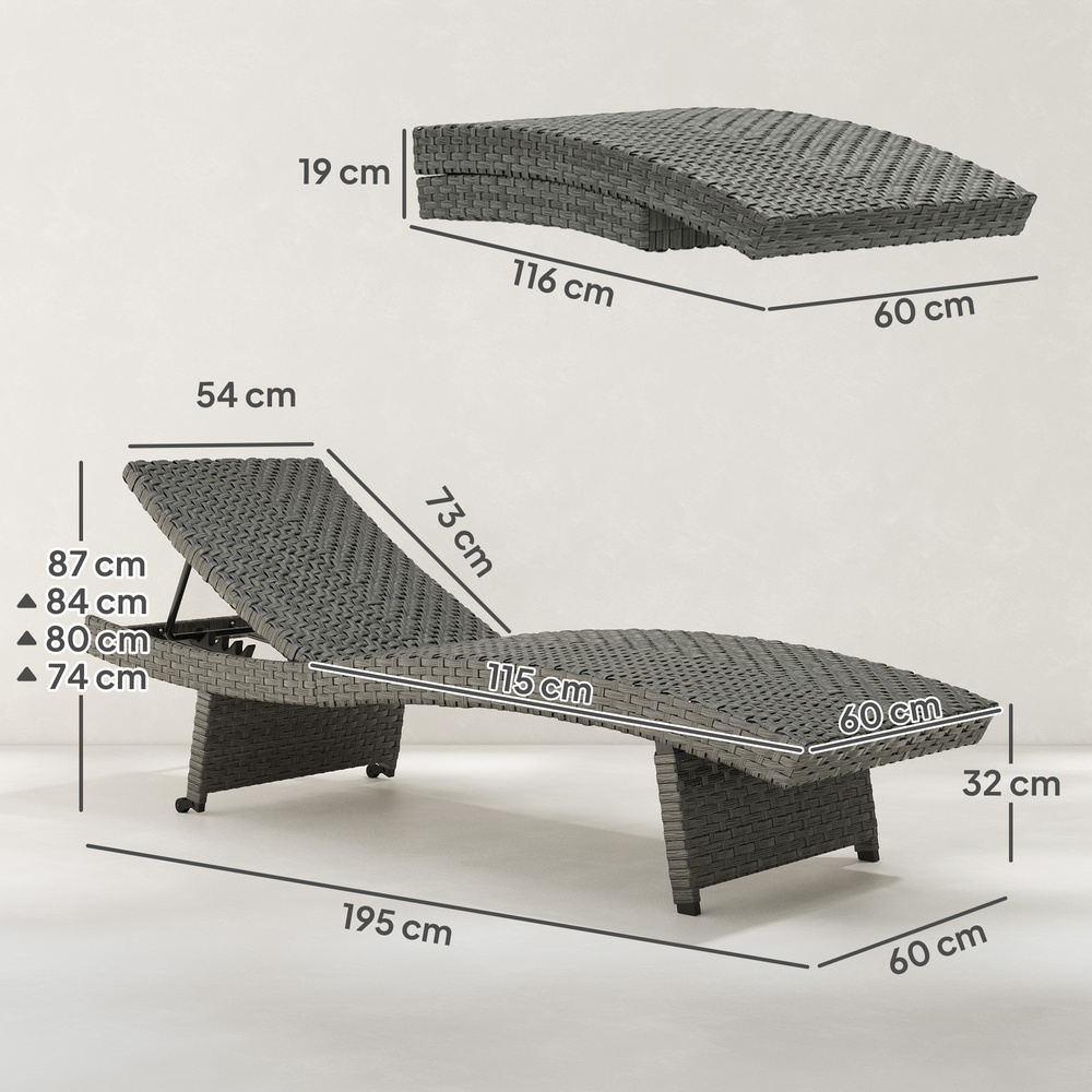 Outsunny Outdoor PE Rattan Sun Lounger, Folding Wicker Garden Lounger Recliner with 4-Level Adjustable Backrest, Rolling Sunbed Lounge Chair with Wheels, Non-Slip Legs for Balcony, Beach, Mixed-grey