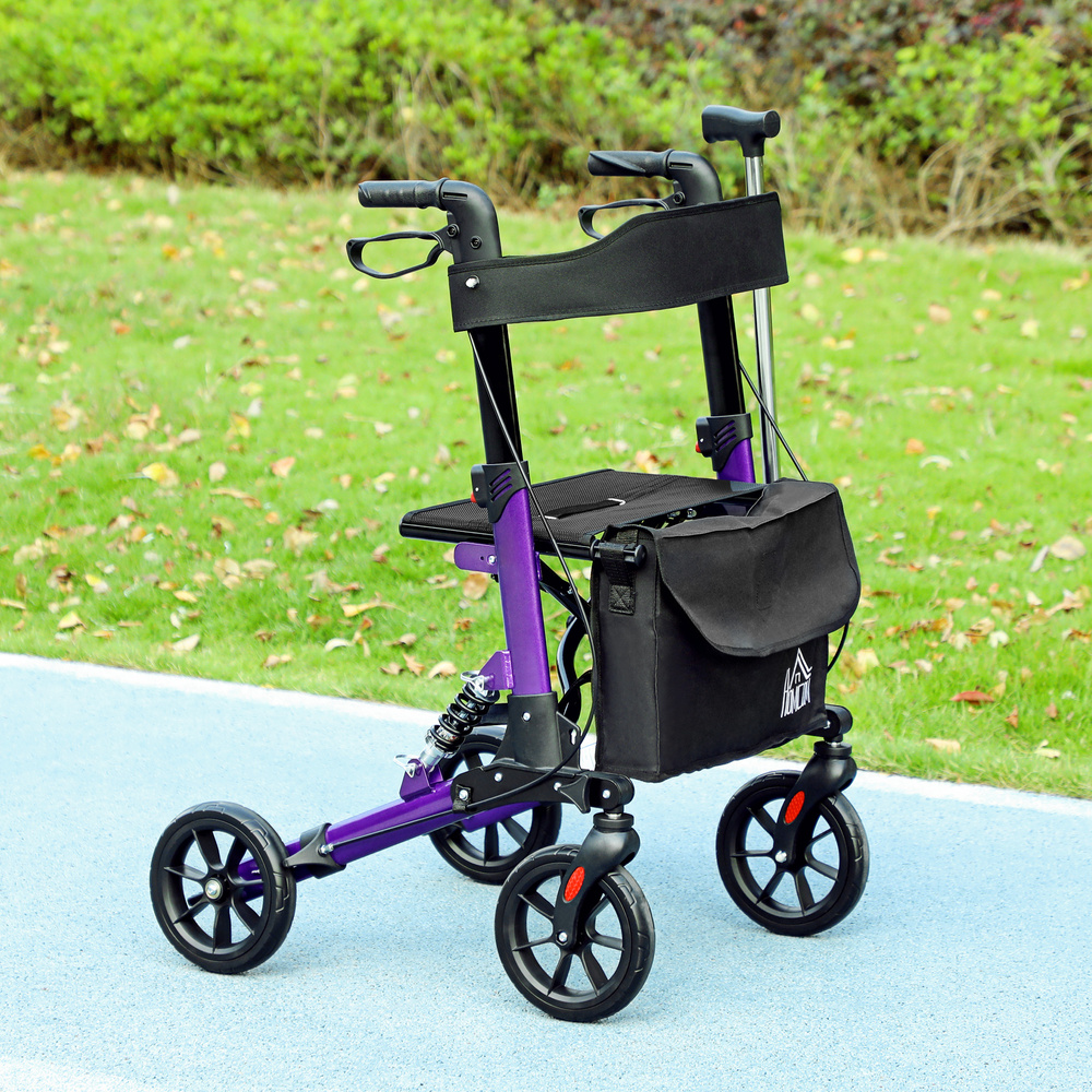 HOMCOM Folding Rollator Walker with Seat, Backrest, Lightweight Walking Frame with Storage Bag, Dual Brakes, Adjustable Handle Height, Suspension System, 4 Wheeled Walker for Seniors, Purple
