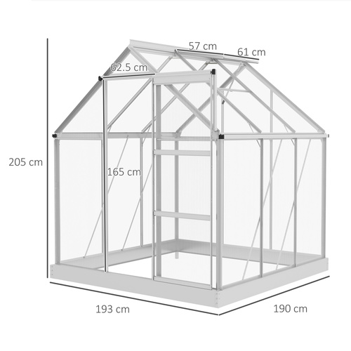 Outsunny 6 x 6ft Walk-In Greenhouse, Polycarbonate Greenhouse with Sliding Door, Window, Aluminium Frame, Foundation, Silver