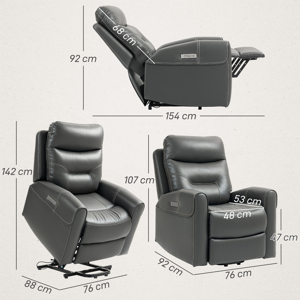 HOMCOM Power Lift Recliner Chair for Elderly, Overstuffed Faux Leather Riser and Reclining Chair with USB A+C Ports, Recliner Armchair for Living Room, Charcoal Grey