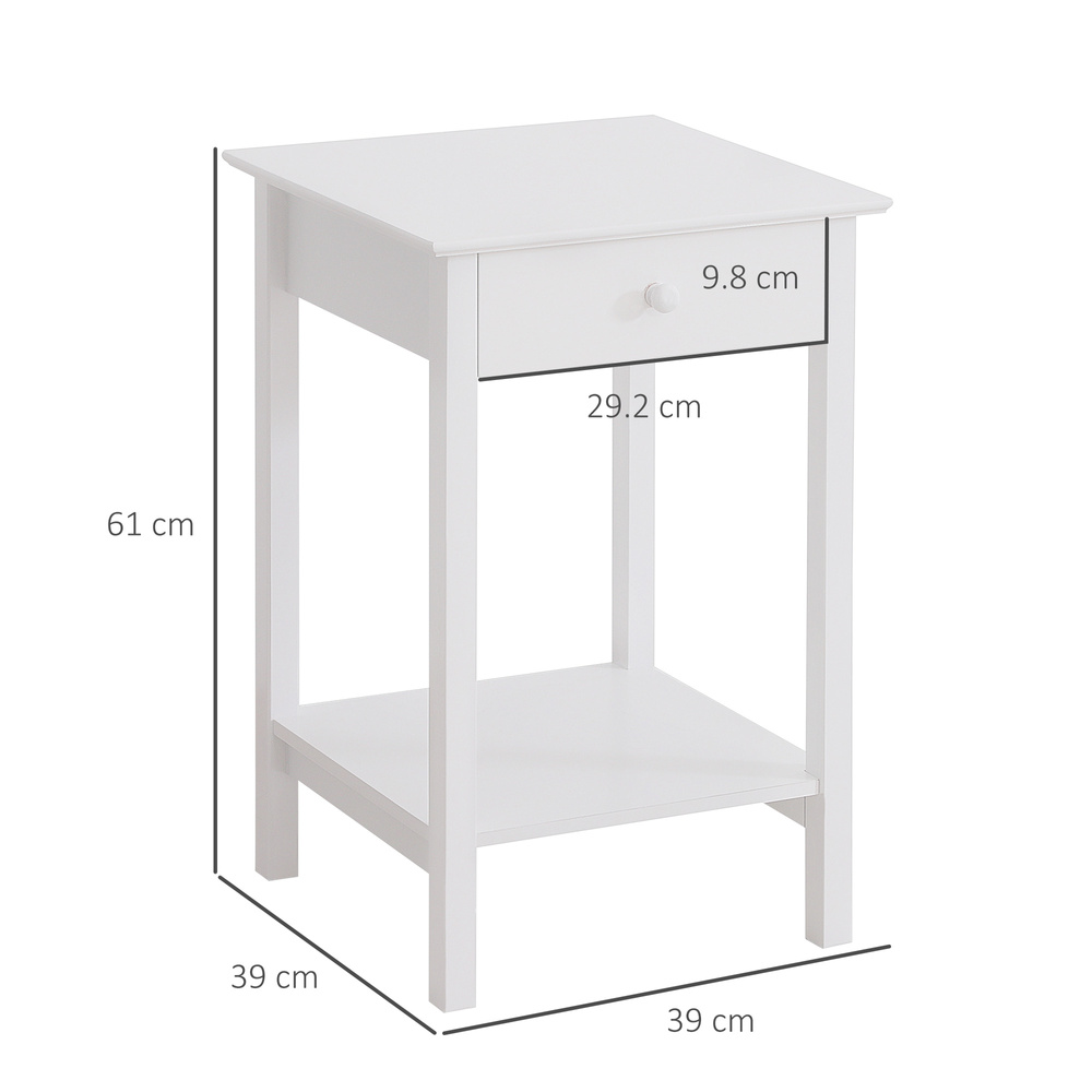HOMCOM White Bedside Table, Wooden Side Table, Nightstand, Bedside Cabinet with Drawer and Storage Shelf for Bedroom and Living Room