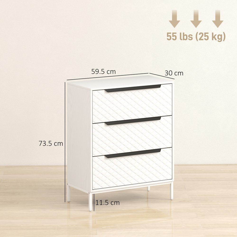 HOMCOM Chest of Drawers, Dresser with 3 Fabric Drawers and Aluminium Handles - White