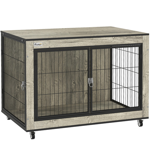 PawHut Dog Crate Furniture with Wheels, Double Doors, for Medium Dogs, Grey