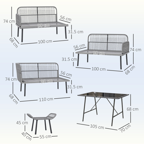 Outsunny 6 Piece Rattan Garden Furniture Set, 8 Seater Garden Corner Sofa with Cushions and Glass Top Table, Sectional Outdoor Furniture Conservatory Set for Patio, Charcoal Grey