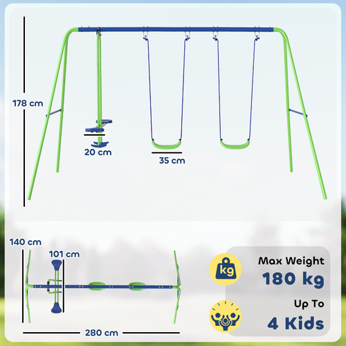 Outsunny Metal Garden Swing Set Height Adjustable Children Outdoor Backyard Play Set for Toddlers Over 3 Years Old, Green