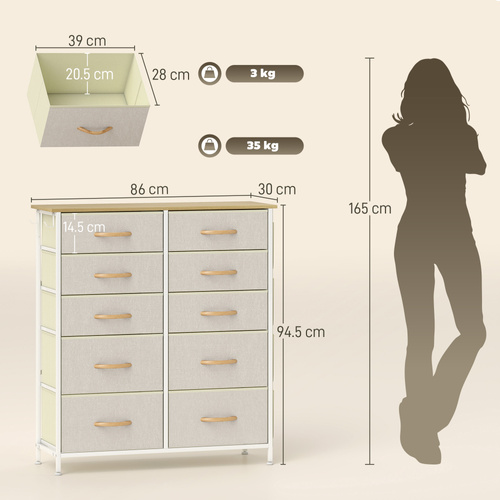 HOMCOM Chest of Ten Fabric Drawers - Beige