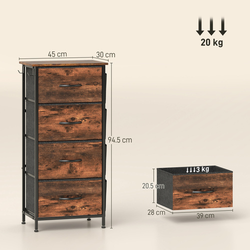 HOMCOM Chest of Four Fabric Drawers - Rustic Brown