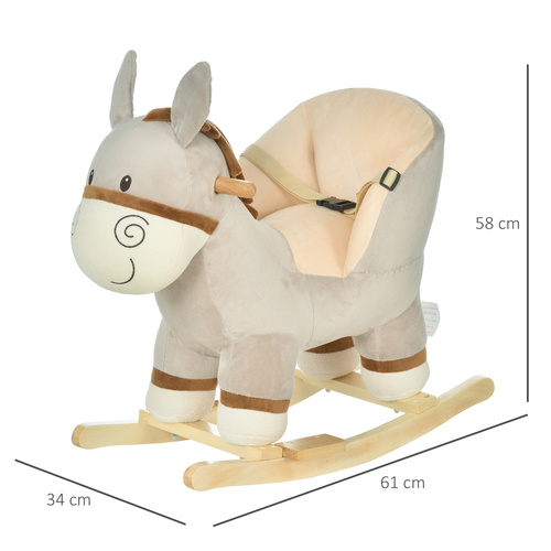HOMCOM Kids Rocking Horse, Children Plush Ride On Donkey Animal Rocker w/ Sound, Wood Base Seat, Safety Belt, Baby Toy Rocker for Toddler 18 - 36 Months, Grey