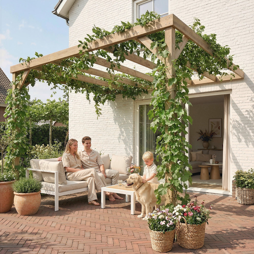 Outsunny Lean-To Wooden Pergola Kit, Decorative Garden Gazebo with Stable Structure and Concrete Anchors, 3 x 3 m, Light Brown