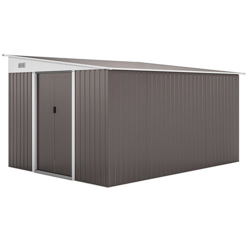 Outsunny 11.3 x 9.2ft Lean to Metal Garden Shed, Outdoor Galvanised Tool Storage House with Double Sliding Doors and 2 Air Vents, Grey