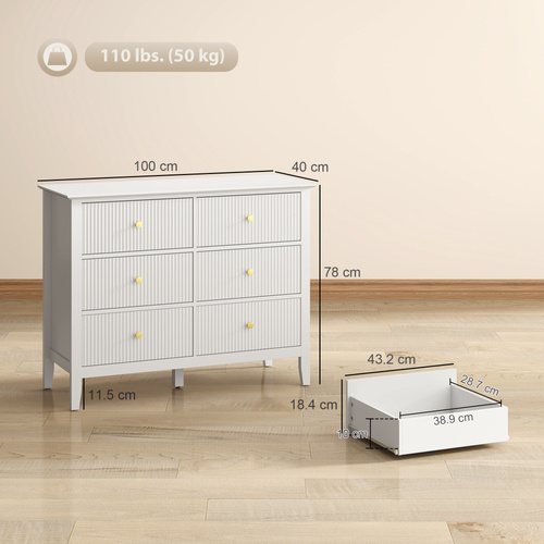 HOMCOM Fluted Dresser, 6 Drawer Chest of Drawers for Bedroom, Living Room, Hallway, Closet, White