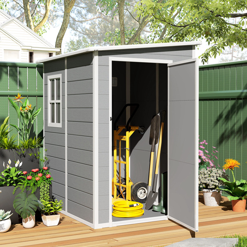Outsunny 4'x5' Garden Storage Shed, Lean to Shed, Lockable Garden Shed with Window, Vent and Plastic Roof, Grey