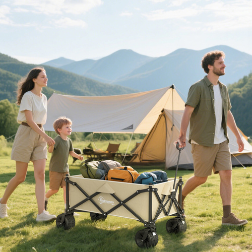 Outsunny Folding Garden Trolley, Outdoor Wagon Cart with Carry Bag, for Beach, Camping, Festival, 120KG Capacity, Khaki