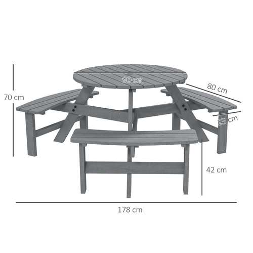 Outsunny 6 Seater Wooden Picnic Table and Garden Benches Set, Round Garden Dining Set with 3 Benches and Umbrella Hole Outdoor Garden Park, Grey