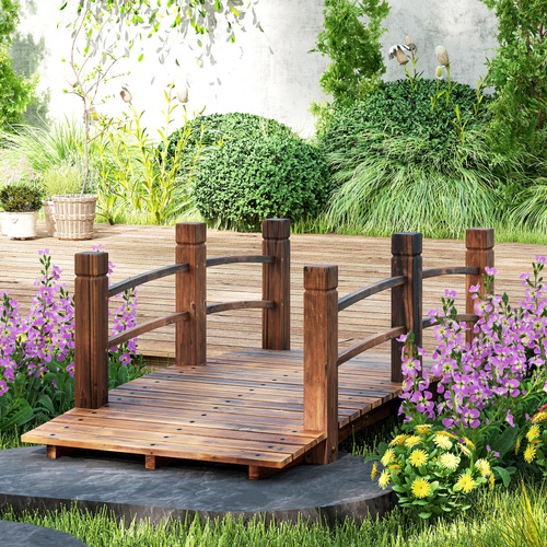 Outsunny 1.5M Wooden Garden Bridge Lawn Décor Stained Finish Arc Outdoor Pond Walkway w/ Railings Water Yard Decoration