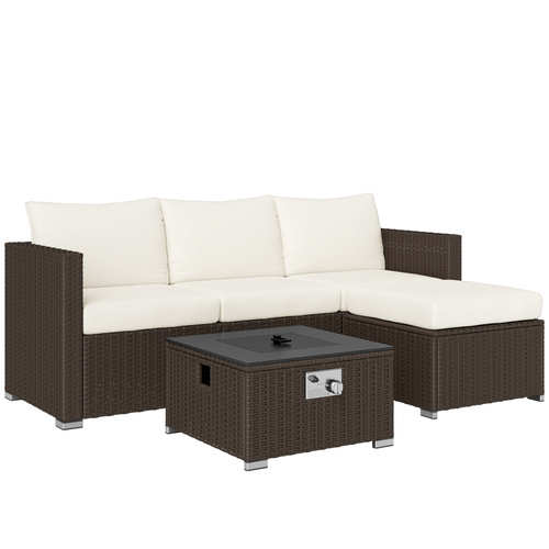 Outsunny Five Piece Rattan Garden Furniture Set with Gas Fire Pit Table and Footstool - Brown and Cream White